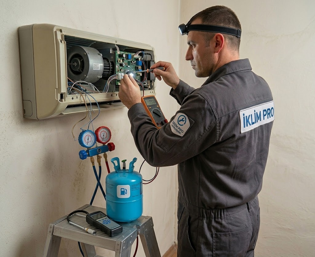 Manometre ve gaz tüpüyle klima gaz dolumu yapan teknik servis uzmanı
